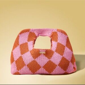 Limited Edition Unique Kopari knit argyle Checkerboard Tote‎ Bag Pink Orange